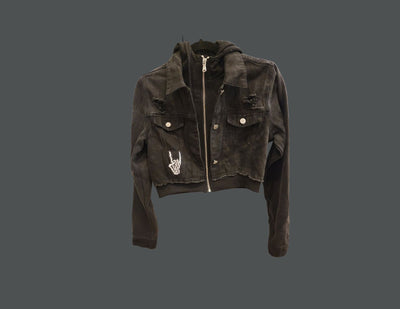 Long Live Metal Crop Black Denim Jacket - Custom 1-of-a-Kind