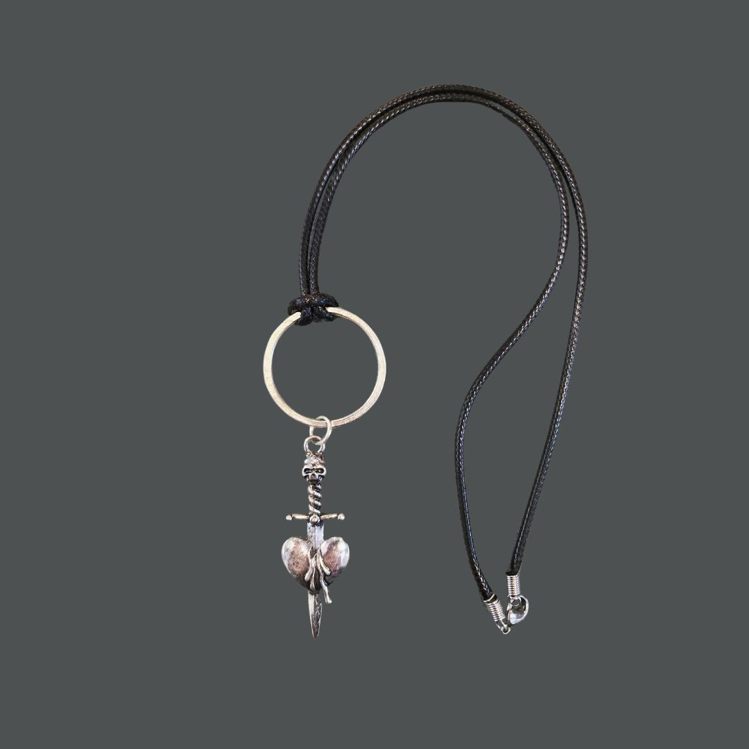 Steelheart Unisex Leather Necklace with Hammered Silver Circle, Sword, Skull & Heart Pendant