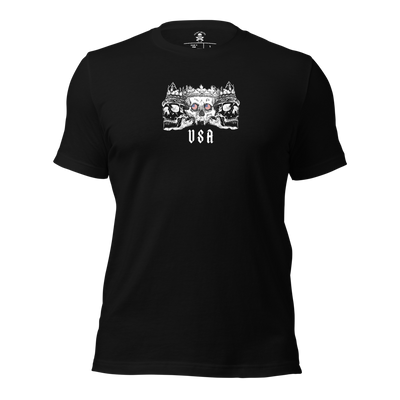 Patriotic Skulls American Flag Unisex Black Tee made in USA