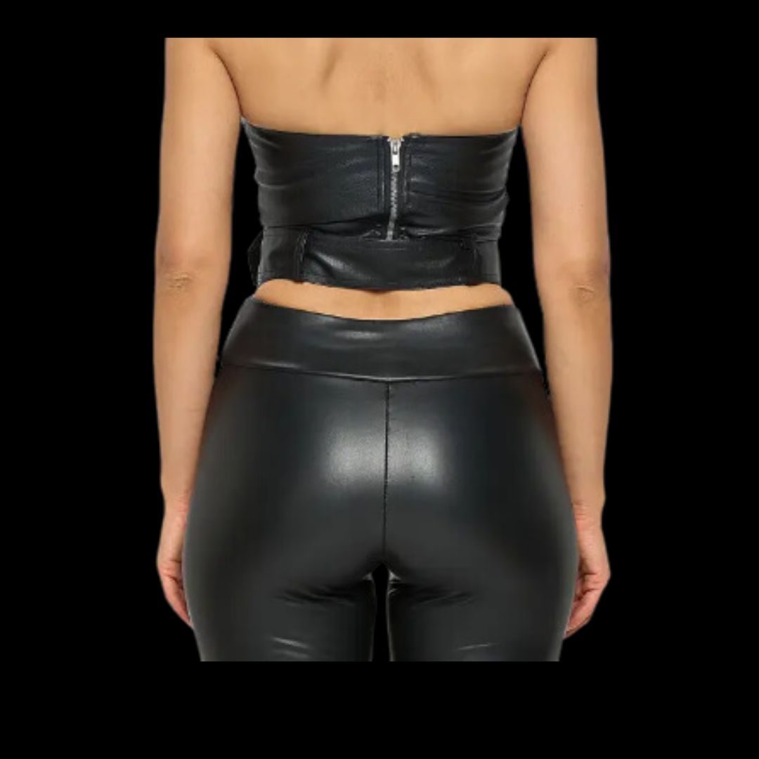 Thunderstruck Faux Leather Black Strapless Buckled Top