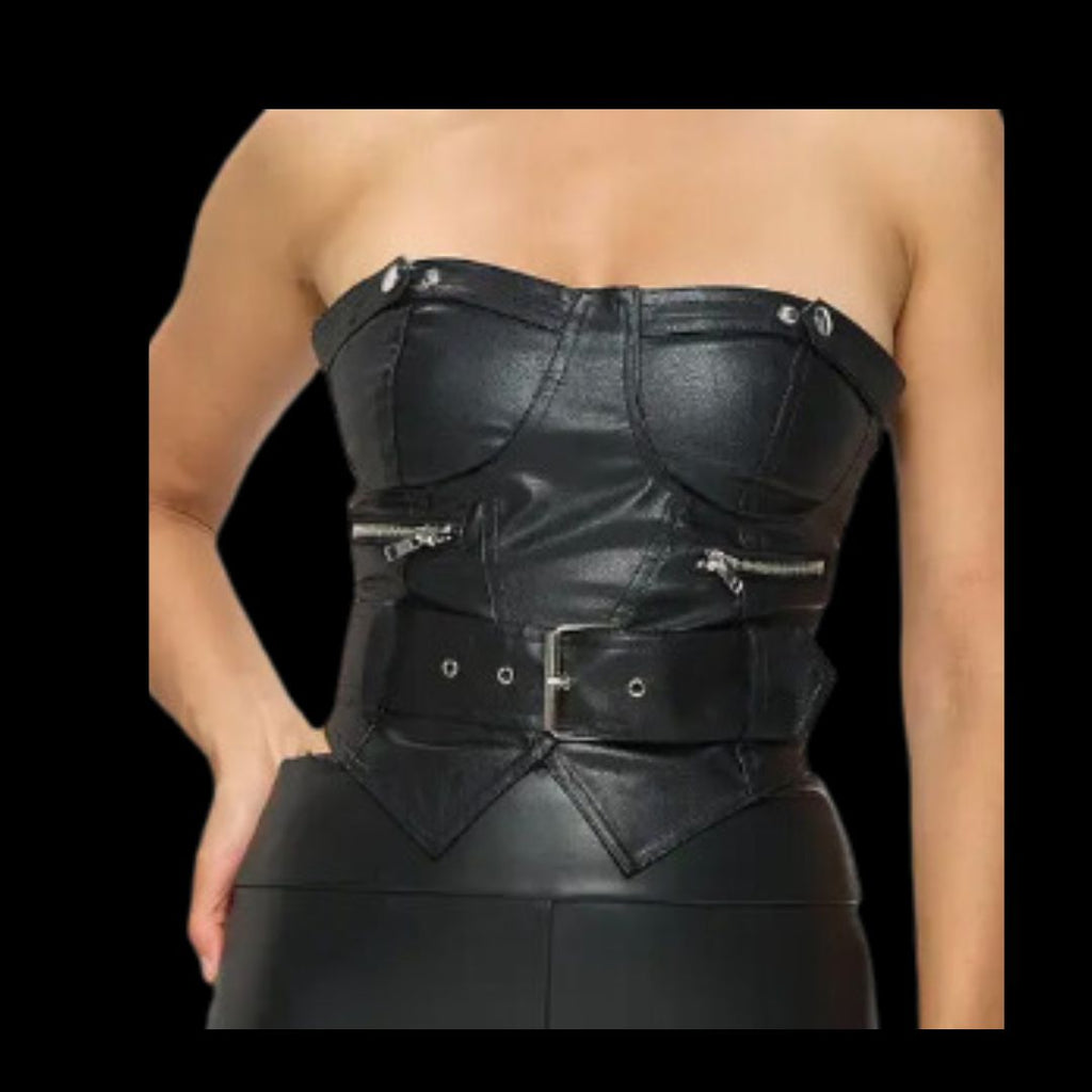Thunderstruck Faux Leather Black Strapless Buckled Top – Heavy