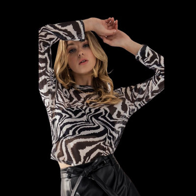 Zebra Mesh Crop Long Sleeve Top